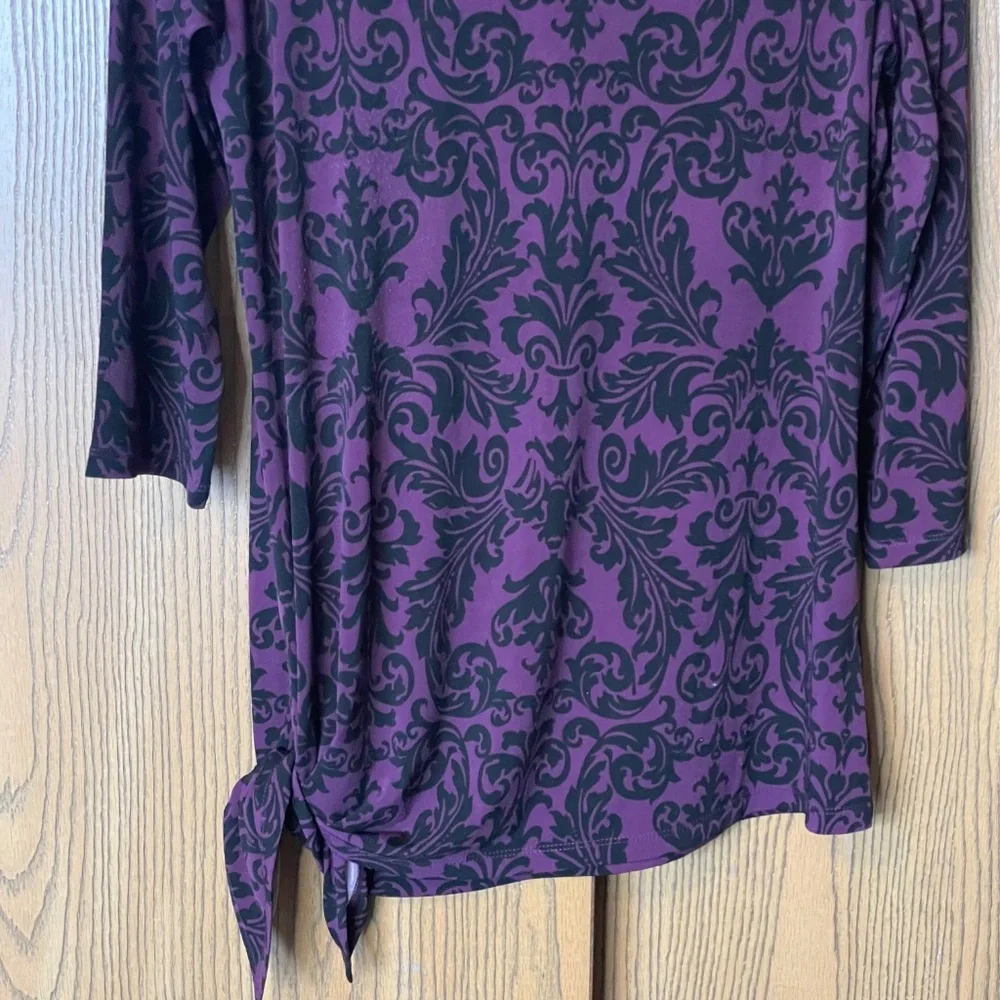 SUSAN GRAVER PURPLE & BLACK WOMEN’S TOP SIZE M SIDE KNOT 3/4 SLEEVES - Picture 2 of 5